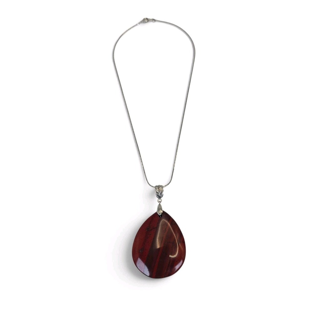 Large Red Banded Teardrop Pendant Necklace Silver Tone 20" Boho Statement - Picture 4 of 12